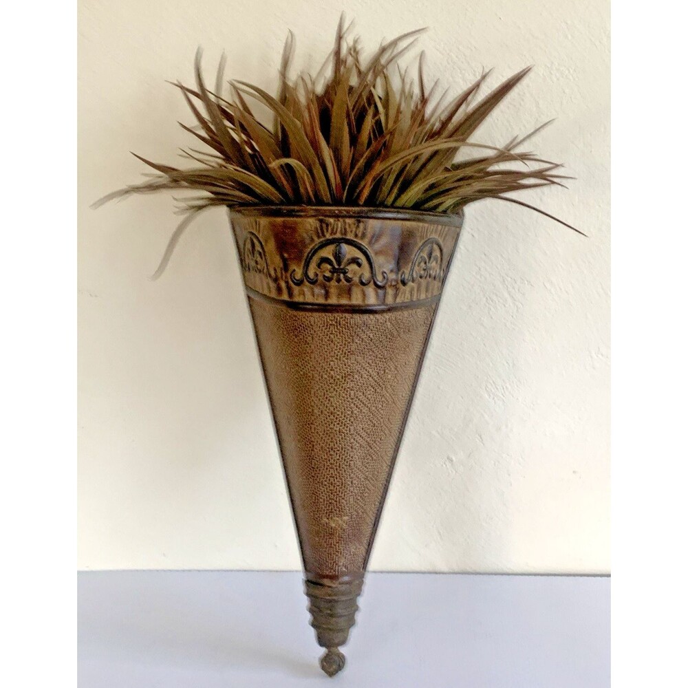 Golden Brown Wooden Cone Shaped Wall Pocket Vase Planter Fleur de Lis  Faux Palm